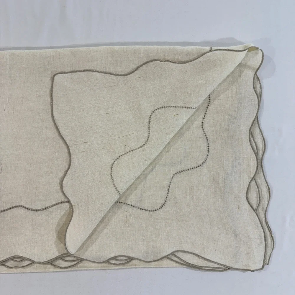 Vintage Linen Tablecloth Scalloped Edge Oatmeal Rectangular 56x74 Taupe Trim